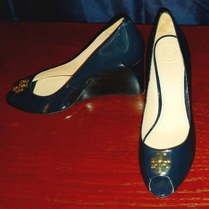 Tori Burch Navy Peep-toe Wedges size 9.5